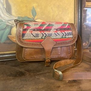 Vintage Leather Tooled and Tapestry Crossbody